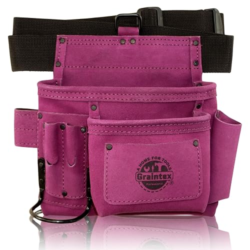 Graintex 5 Pocket Suede Leather Tool Belt/Bag | Purple | Multipurpose Leather Tool Belt for Women and Men | Construction, Electrician, Handymen, Carpenter, Gardening Pouch and DIY Projects