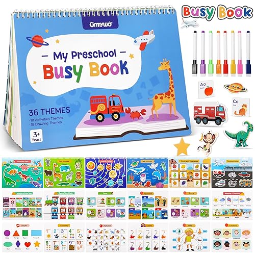 URMYWO My Preschool Busy Book for Toddlers 3-5, 36 Learning Activities | Reusable Matching, Tracing and Coloring Activities with 8 Markers and 184 Stickers for Travel, Homeschool and Quiet Time