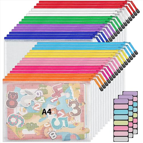 JARLINK A4 Mesh Zipper Pouch Bags, 30 Pcs Waterproof Zipper Pouch Bags | Multi-use Mesh Bags for Board Games & Puzzles, Office School Supplies, Toys, Cosmetics Travel Storage, 10 Colors, Lettle Size