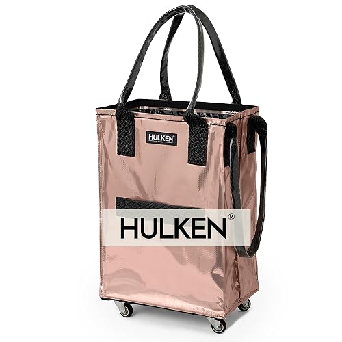 HULKEN (Small, Rose Gold) Reusable Grocery Bag On Wheels, Shopping Trolley, Rolling Tote, Zipper Closure, Lightweight, Carries Up to 66 lb, Folds Flat | Smart Fold, Elastic Closure, Fits 1 Grocery Bag, Unbreakable Handles, Lightweight.The OG Rolling Tote
