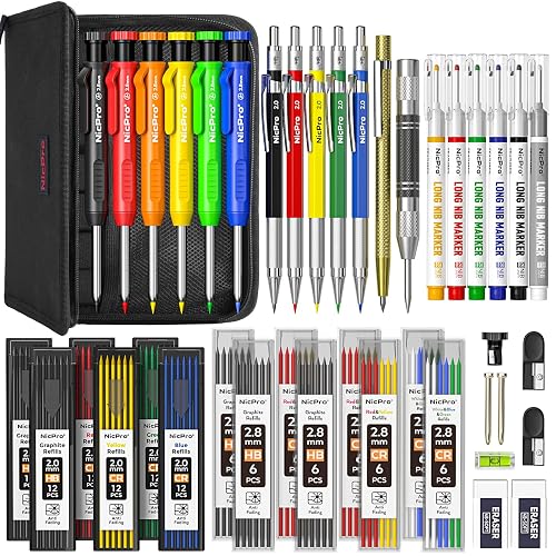 Nicpro 42Pack Carpenter Pencil with Sharpener, Mechanical Carpenter Pencils Set with Deep Hole Long Nib Marker Pen, Carbide Scribe Tool & Construction Pencil for Architect Woodworking-With Canvas Case