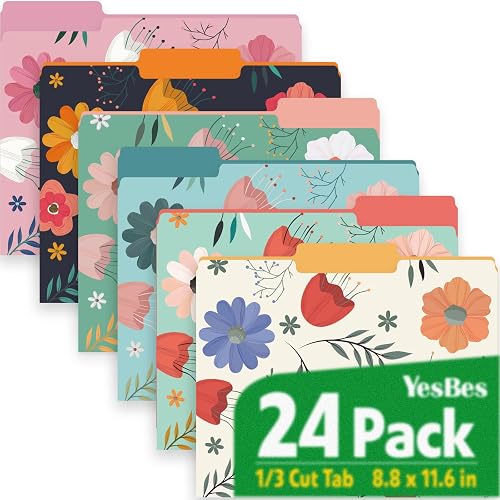 24 Pack Decorative File Folders, 1/3 Cut Tab Floral Colored Folders Letter Size 8.8 x 11.6 Inch, Assorted 6 Styles Filing Folder for Office School Business