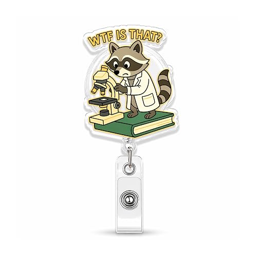 Funny Raccoon Badge Reel Retractable, WTF is that Scientist Badge Holder, Cute Lab Raccoon Acrylic ID Badge Reel with Alligator Clip for Nurse Teacher Student Lab Tech Gift