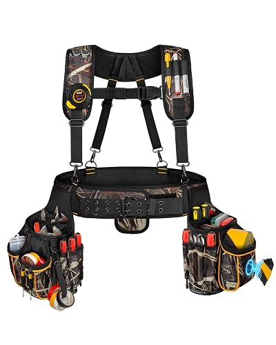 Marscamd Tool Belt with Suspenders & Pouches, Heavy Duty Work Belt, Camo | Adjustable padded tool belt with 31 storage compartments, ergonomic suspenders for carpenters, electricians and builders