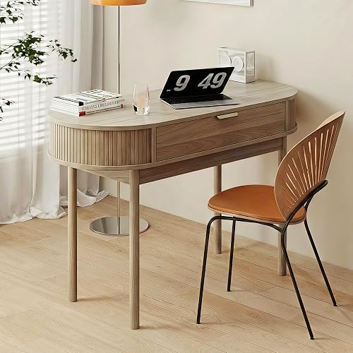 SoarTalent Writing Desk with Drawer, 39" Small Computer Desk with Fluted Design, Oval Wood Study Table for Small Space, Modern Home Office Desk Makeup Vanity Table for Bedroom, Brown