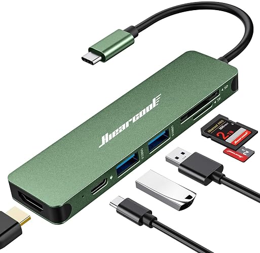 Hiearcool 7-in-1 USB C Hub, USB C Dongle Compatible for MacBook, Green | 4K@30Hz HDMI, 100W PD, 5Gbps USB 3.0 and SD/TF card readers in a durable plug-and-play aluminum design for work and travel