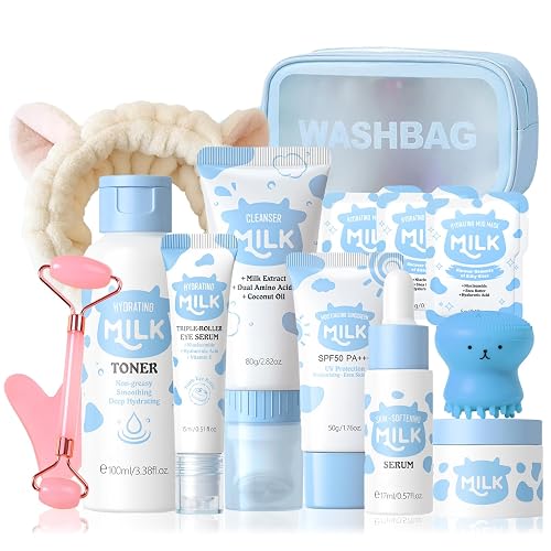 Milk Skin Care For Kids Birthdays Gift Set - Natural Skincare For Girls 10-12 - 14 In 1 Moisturizing & Gentle Milk Skin Care For Teens Girls Ages 8-12 - Facial Kit For Women 14PCS with GuaSha