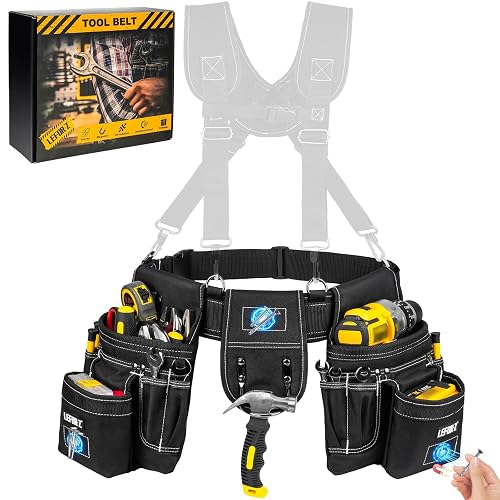 LEFOR·Z Tool Belt with 4 D-Rings,27-Pockets Tool Belts for Men,Construction | Heavy Duty Utility Belt,Magnetic Tool Pouch,Detachable Adjustable Toolbelt for Electrician,Carpenter,Dad Gifts for Men,Black