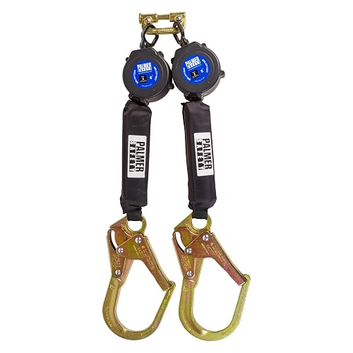 Palmer Safety Fall Protection SRL121122T Twin SRL 6' Lightweight Web with Rebar Hooks | Lanyard With Technora Webbing, Rebar Hooks, Swivel Steel Double Locking Snap Hook, Construction Safety Gear Equipment