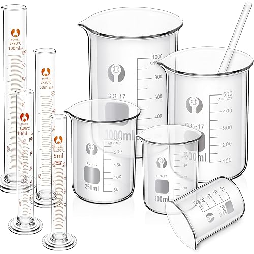 Feekoon 10 Pieces Glass Measuring Beaker and Graduated Measuring Cylinder with Stirring Rod 50/100/ 250/500/ 1000 ml Thick Glass Beakers and 5/10/ 50/100 ml Graduated Cylinders for Science Lab