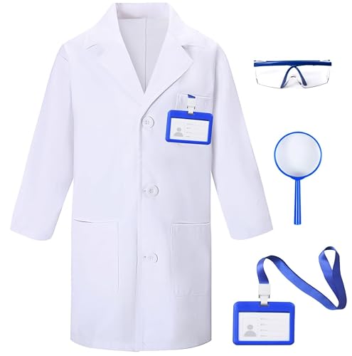 TOGROP 4Pcs Doctor Scientist Lab Costume for Kids Role Play Thick White Coat Birthday Party Gift 3-12 Years