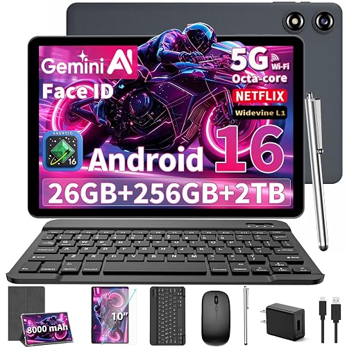 10 inch Tablet with Keyboard - 2026 Gemini AI Android 16 Tablet,Silver Case | 26GB+256GB+2TB Expand, Electronic Tablet PC with 8-Core, 5G WiFi, 8000mAh, GMS, GPS, 2-in-1 Tablet with Case/Mouse/Stylus
