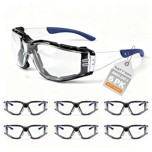 SATTRON Clear Safety Glasses 6pcs, Anti Fog Safety Goggles with Foam Gasket, ANSI Z87.1 Protective Eyewear Scratch& Impact Resistant UV400 Protection for Work Construction Lab Clear Lens/Blue Temple