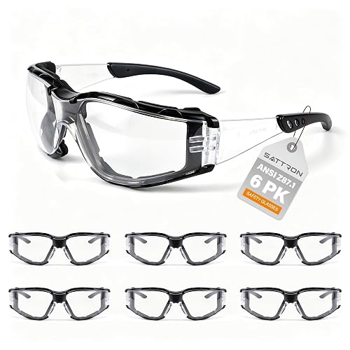 SATTRON Clear Safety Glasses 6pcs, Anti Fog Safety Goggles with Foam Gasket, ANSI Z87.1 Protective Eyewear Scratch& Impact Resistant UV400 Protection for Work Construction Lab Clear Lens/Black Temple