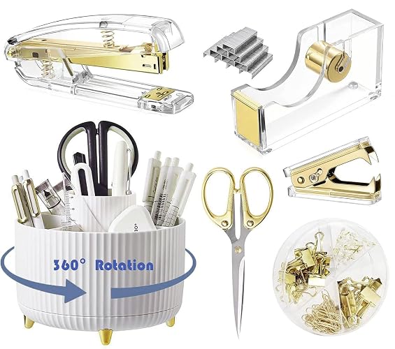 Gawsey Gold Desk Organizers and Accessories with Desk Organizer 360° Rotating Pen Holder and Office Supplies, Cute Stationery Supplies Set