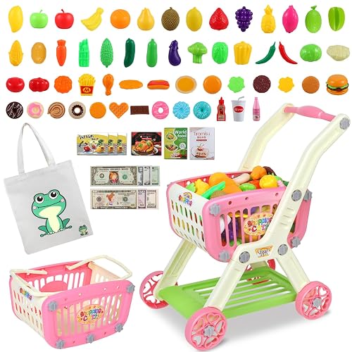 Ming You 2-in-1 Kids Shopping Cart Toy with Pretend Play Foods for Kids | 72pcs Toddler Grocery Cart Set with Fake Money and Shopping Bag for Imaginative Play, Birthday Gift for Girl Ages 3-5 (Pink)