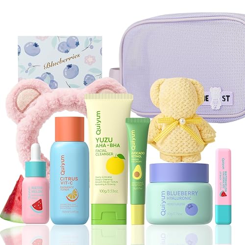 QUIYUM Fruit Skin Care Sets for Teen Girls, 6 Daily Routine Skincare Gift | Facial Cleanser, Toner, Eye Cream, Moisturizer, Serum, Lip Balm, Birthday, Christmas Gift, Stocking Stuffers