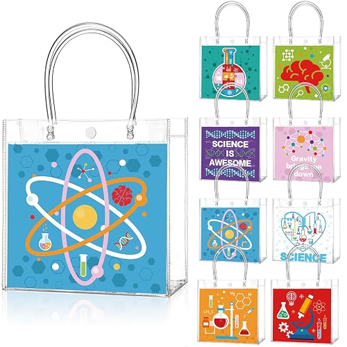 Teenyyou 24 Pcs Science Party Favor Bags with Handles and Snap Button | Clear PVC Goodie Treat Tote Gift Bags, Stem Science Theme Party Supplies for Birthday Science Themed Events