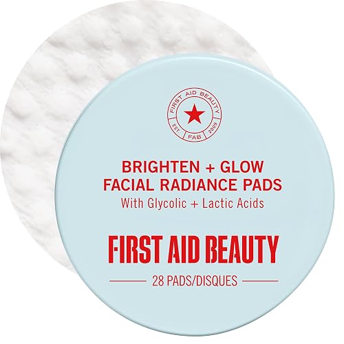 First Aid Beauty Brighten + Glow Facial Radiance Pads, Dual-Sided AHA Exfoliating Pads with Glycolic + Lactic Acids, Daily Exfoliant for Brighter & Smoother Skin, Sensitive Skin Safe