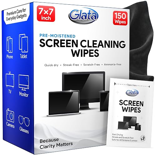 Glata Screen Wipes (150 Pack) - 7"x7" Large Electronic Wipes, Computer Screen Cleaner for Electronics, Laptop, Phone, Tablet, Monitor & Car - Individually Wrapped Lens Wipes - Microfiber Included