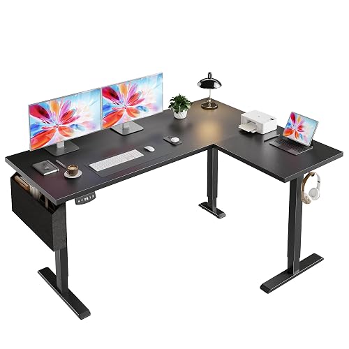 Korfile 63" L Shaped Standing Desk, Height Adjustable, LED, Memory Presets | Reversible, Ergonomic Sit to Stand Computer Desk with Headphone Hook for Home, Office and Workstation, Dark Black