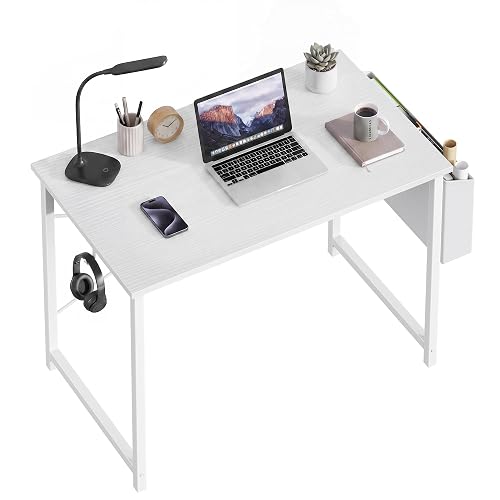 DUMOS 40" Small Computer Desk Home Office Desk, Gaming Desks, Milky | Work Table, Writing Study Workstation, Reinforcement Structure, Simple Modern, Bedroom