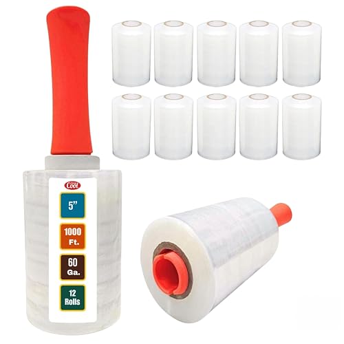 Simply Cool 12 Pack Mini Hand Stretch Wrap 5 Inch 1000Ft 60 Gauge 2 Handles | Heavy Duty Industrial Strength Mini Shrink Wrap Roll for Moving Supplies, Furniture, Pallet Wrapping and Packing Stretch Film