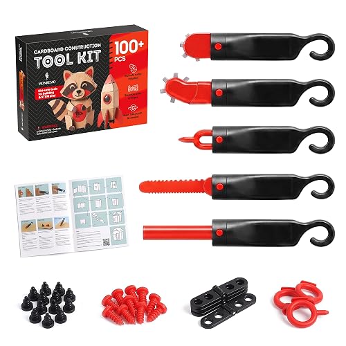 MONREMO Cardboard Tools for Kids, 100+ Piece Cardboard Construction Kit | 100+ piece cardboard tool set with reusable bolts, hinges and cardboard cutter for kids; box forts, crafts and STEM projects
