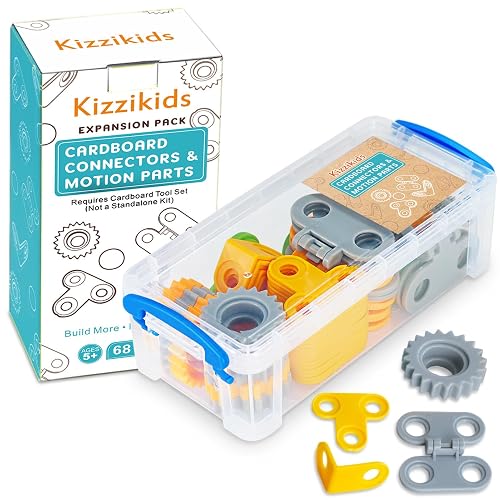 Kizzikids Cardboard Construction Tools, Connectors & Motion Parts Kit | 68 PCS Expansion Set, Spin Hinges & Rings, STEM Creativity, Create Moving Parts and Interactive Builds