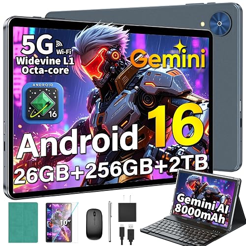 Android Tablet with Keyboard, Android 16 Tablet with Gemini AI (Green) | 26GB+256GB+2TB Expand, 10 inch Tablet with 8-Core, 5G WiFi, 8000mAh, Electronic 2 in 1 Tablet PC with Case, Mouse, Stylus