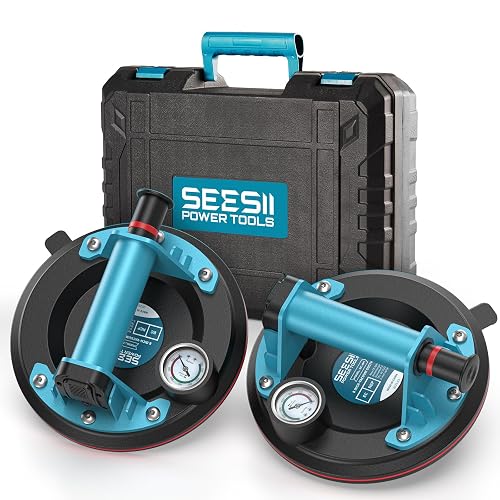 SEESII Suction Cups to Lift Large Glass, 550LBS Tile Suction Cup Tool | 8" Heavy Duty Vacuum Lifter with Pressure Gauge, for Windows, Granite, Metal, Ceramic, Heavy Objects Handling
