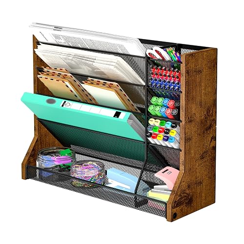 Jakyitvi 5 Tiers Ironwood Wall Desk File Holder Organizer Organizer, Brown | Adjustable mesh dividers, space saving hanging desk rack, stable R-shaped bottom base tray, multi functional office mailbox