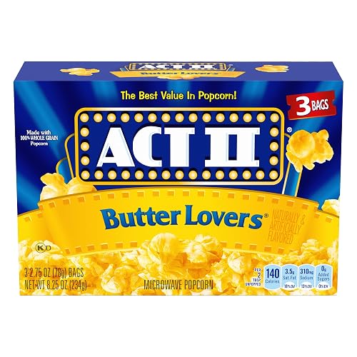 Act II Butter Lovers Microwave Popcorn, 2.75 oz., 3-ct Bags | 3g fiber per serving; gluten-free; Butter Lovers flavor; made with 100% whole grain kernels; great for movie night