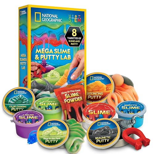 National Geographic Slime and Putty Lab Sensory Kit for Boys and Girls | 4 Slimes and 4 Putties, Magnetic and Glow-in-the-Dark Varieties, Science Toy for Kids, Storage Tins, Birthday Gift