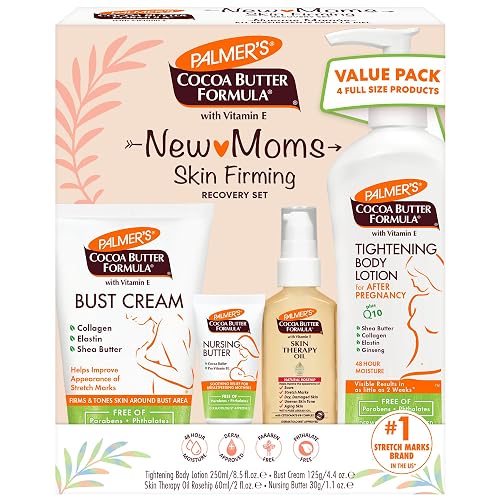 Palmer's Postpartum Essentials Cocoa Butter Formula Skin Care Kit (4 Piece) | Includes Firming Lotion, Nursing Butter, Bust Cream & Skin Therapy Oil. The ideal dermatologist-approved gift for new moms
