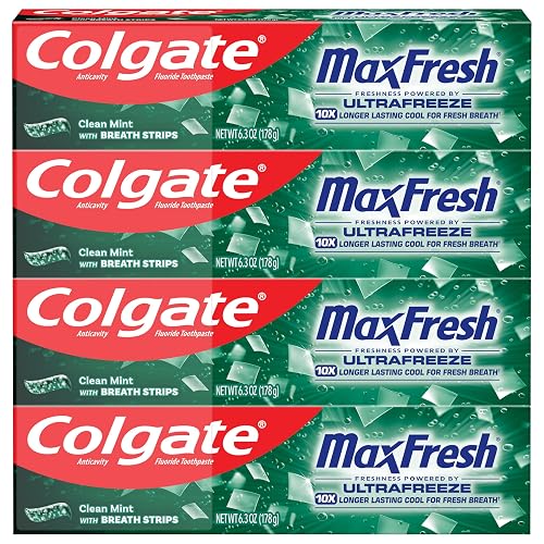 Colgate MaxFresh Fluoride Toothpaste, Clean Mint, 4 Pack, 6.3 oz | Fresh Breath Toothpaste with Mini Breath Strips, Bulk Size, Fluoride Formulated