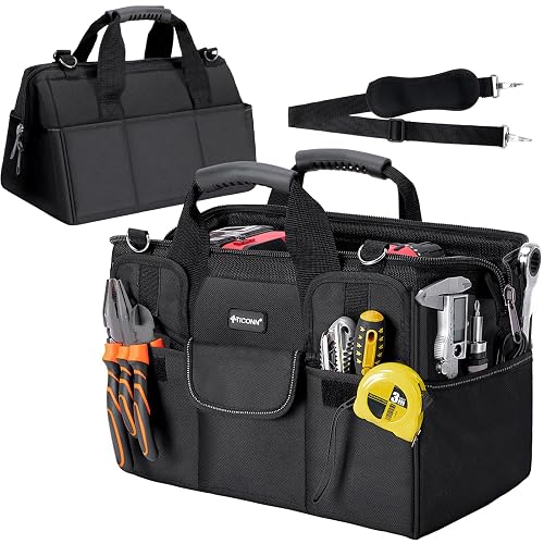 TICONN Heavy Duty Tool Bag with Multi-Pockets, Portable Tool Box Organizer Storage Bag, with Adjustable Shoulder Strap and Ergonomic Handle (Black, 16" Standard Base)