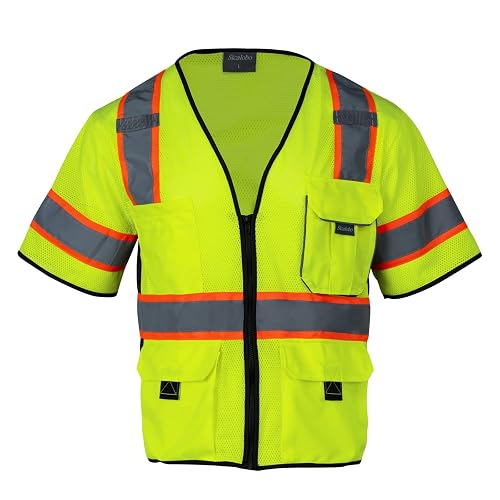 Sicalobo High Visibility Vest with Pockets Zipper for Men Women,Construction Vest with Reflective Strips,Hi Vis Class 3