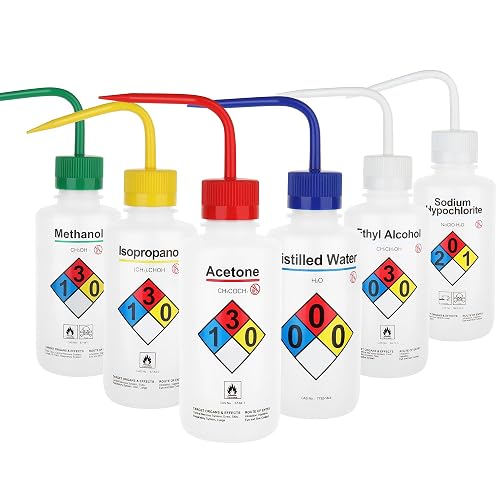 LABINVO Safety Wash Bottles, Vol.500ml, 6PCS of Lab Rinse Squeeze Bottles, Printed Acetone, Ethyl Alcohol, Methanol, Isopropanol, Distilled Water, Sodium Hypochloride, LDPE Material, IN-WBS001