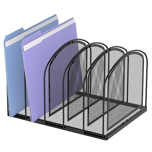 SUPEASY 5-Section File Organizer for Desk, Metal File Folder Holder, Black | 5 Vertical Compartments with Sturdy Metal Base for Office Documents Books Magazines and Laptop
