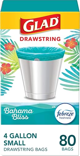 Glad Small Trash Bags, Great for Office, Bathrooms and Bedroom Bins, Bahama Bliss Scented Garbage Bags, Odor Resistant with Drawstring, Febreze Freshness, 4 Gallon Trash Bags, 80 Count
