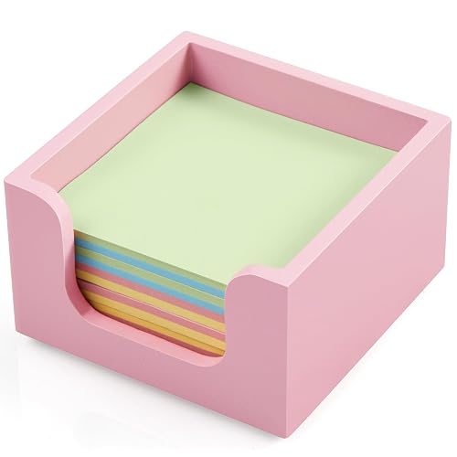 Bivvclaz Wood Sticky Note Holder, 3 x 3 Inch Post It Note Dispenser for Office Desk Accessories, Self Stick Note Pad Holder, Memo Pad Holder Dispenser Organizer for School Office Desk Supplies, Pink