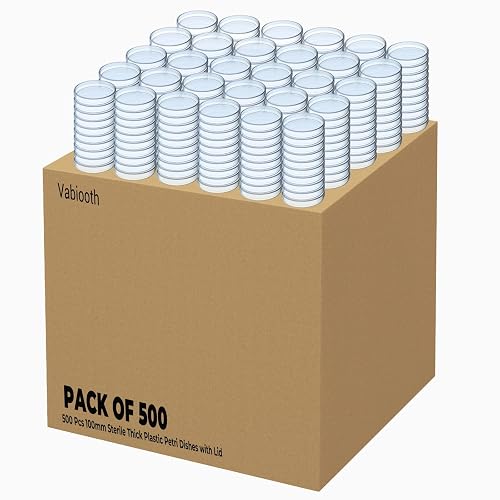 500 Packs Sterile Thick Plastic Petri Dishes with Lid, Vabiooth 100mm Dia x 15mm Deep Clear 3 Vents Petri Dish for Lab Science Experiment