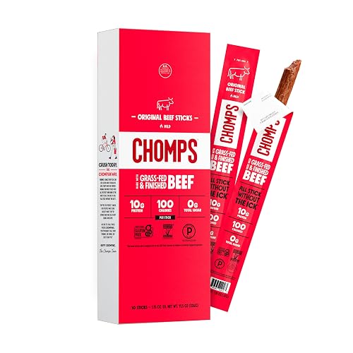 Chomps Original Beef, Grass-Fed & Finished, 10ct, Protein Snack Stick | Grass-Fed And Finished Beef Sticks With Zero Sugar, Keto And Paleo Friendly, Whole30, Low-Carb Snack, 10G Protein