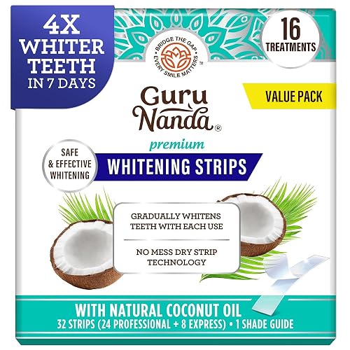 GuruNanda Teeth Whitening Strips - 4X Whiter Teeth, 16-Day Whitening Kit | Non-Slip 4 Layer Dry Strip Technology|With Coconut Oil|Promotes Brighter Smile|Gentle on Enamel|Easy to Apply Teeth Whitener