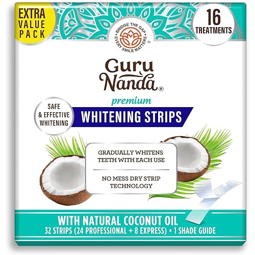 GuruNanda Teeth Whitening Strips - 4X Whiter Teeth, 16-Day Whitening Kit | Non-Slip 4 Layer Dry Strip Technology|With Coconut Oil|Promotes Brighter Smile|Gentle on Enamel|Easy to Apply Teeth Whitener