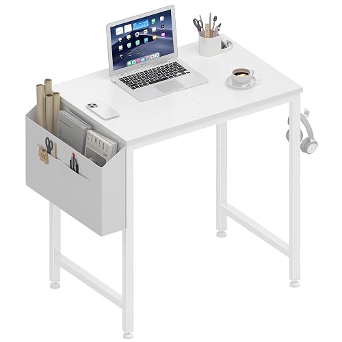 Lufeiya Small White Desk for Small Spaces, 24 Inch Kids Girls Study Writing Mini Desks for Bedroom, Simple Modern Laptop PC Little Side Table with Storage Bag Headphone Hook, White