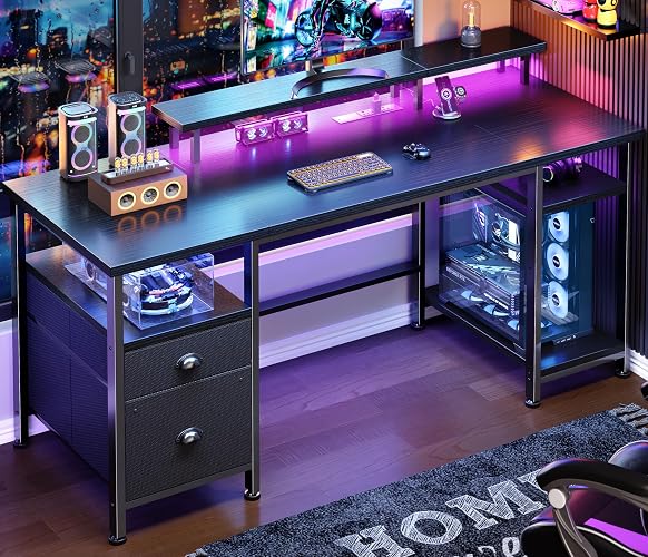 Furologee 51" Gaming Desk with Outlets & LED, Computer Office Desk, Black | Power Outlets & USB, Ergonomic Monitor Stand, Drawer & File Cabinet, Adjustable Shelf, Reversible Table for Bedroom, Dorm