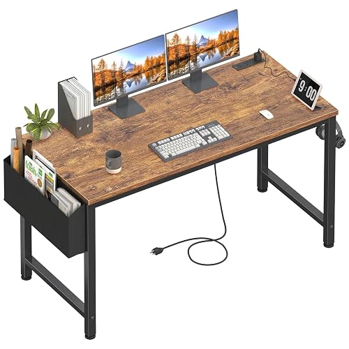 Lufeiya Gaming Desk with Power Outlet, 55 inch Teen Study Table Home Office Work Writing Computer Desks with Charging Station Outlets Built in, Brown