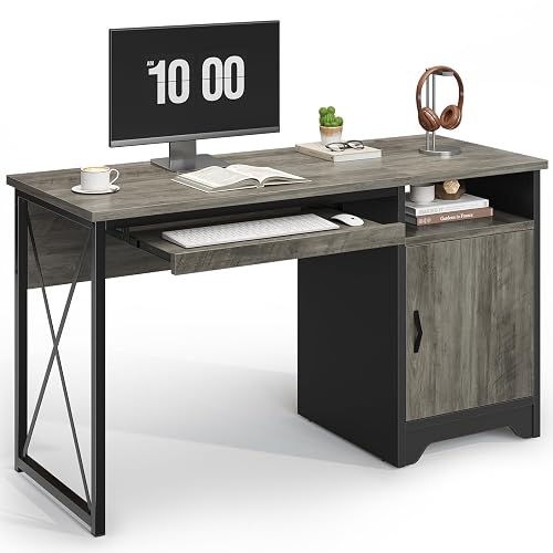 Bestier 47-Inch Office Desk with Storage Cabinet & Keyboard Tray, Grey | 47 Inch Desktop, Right Storage Cabinet, Sliding Keyboard Tray And X-Frame Support Create A Small-Space Home Office Desk.